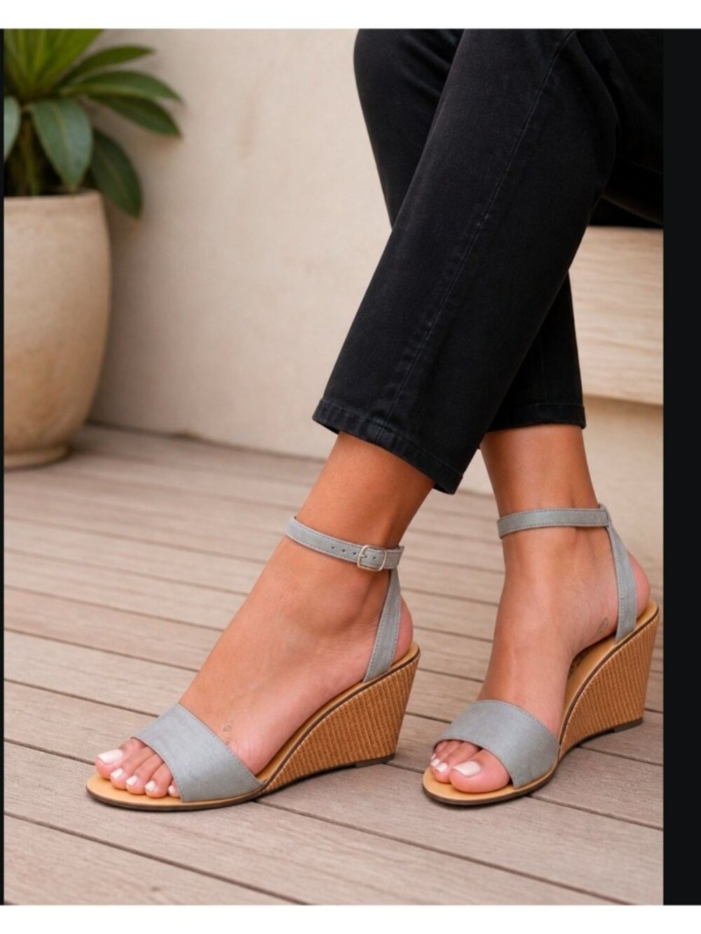 Womens Grey Wedge Sandals With Ankle Strap & Open Toe Design
